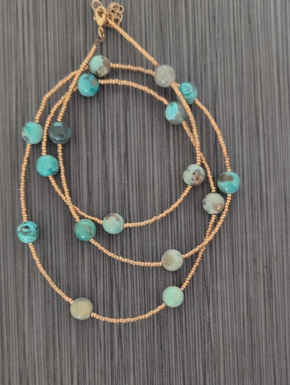 Gold Seed Beaded Necklace with Genuine Turquoise 8mm Gemstone Beads